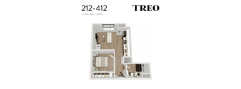 A floor plan of a one bedroom apartment with a bathroom and a kitchen.