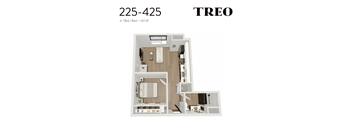 A floor plan of a one bedroom apartment with a bathroom and a living room.