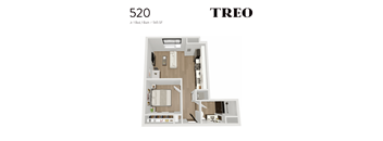 A floor plan of a one bedroom apartment with a bathroom.
