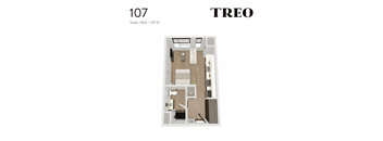 A floor plan of a studio apartment with a bath and a kitchen.