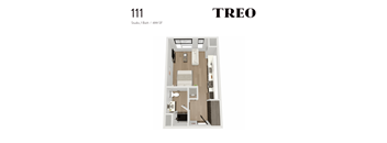 A floor plan of a studio apartment with 1 bath.