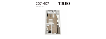 A floor plan of a studio apartment with one bath.