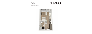 A floor plan of a studio apartment with a bed, desk, and kitchenette.