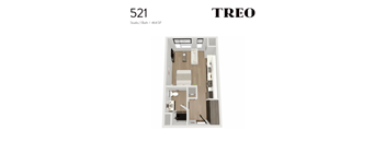 A floor plan of a studio apartment with one bed and one bath.