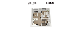 A floor plan of a one bedroom, one bathroom apartment.