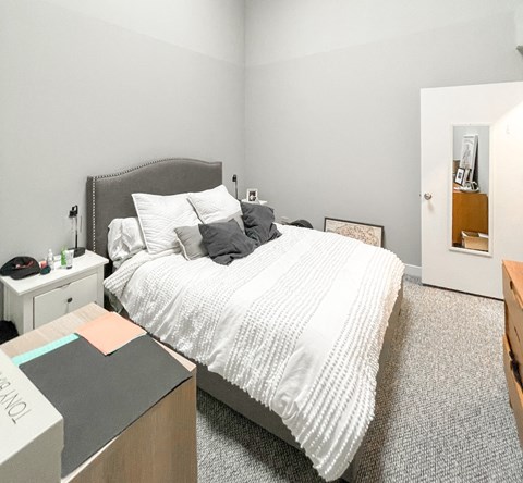 a bedroom with a bed and a dresser and a closet