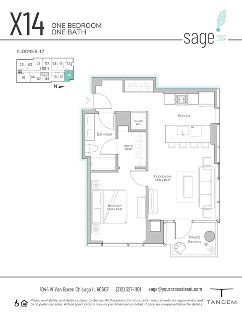 the floor plan of x14 sage one bedroom one bath