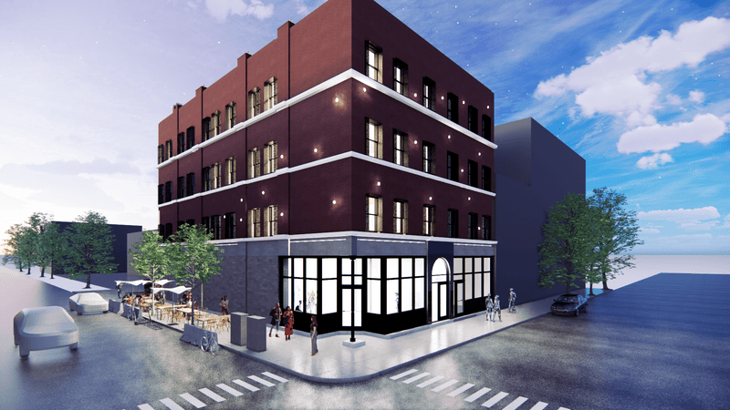 a rendering of a red building with a street in front of it