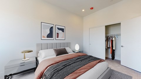a bedroom with a bed and a closet