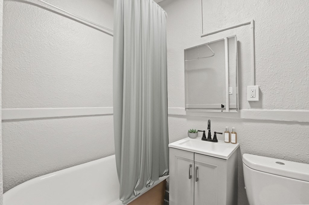 a bathroom with a sink toilet and tub and a shower curtain