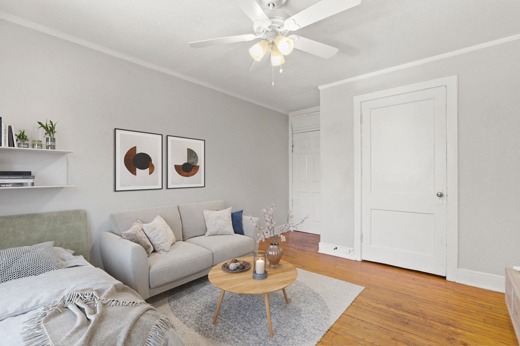 a living room with a couch and a coffee table
