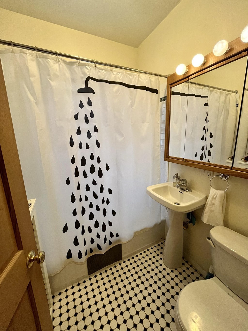 a bathroom with a black and white shower curtain and a sink
