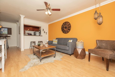 A living room with a grey couch, a wooden coffee table, and a rug on the floor.