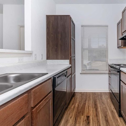 a kitchen with a sink and a stove and a refrigerator