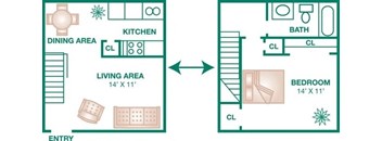 A floor plan of a small apartment with a living area, kitchen, dining area, bedroom, and bathroom.