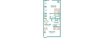A floor plan of a small apartment with a bedroom, living area, kitchen, and dining area.