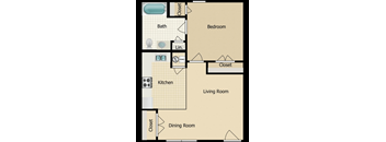 A floor plan of a small apartment with a living room, dining room, kitchen, bedroom and bathroom.