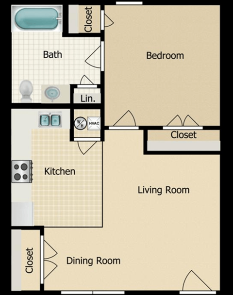 A floor plan of a small apartment with a living room, dining room, kitchen, bedroom and bathroom.