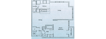 A floor plan of a house with a laundry room, kitchen, dining room, bathroom, master bedroom, and a walk-in closet.