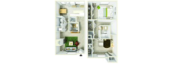 a floor plan of a one bedroom apartment with two bathrooms and a balcony