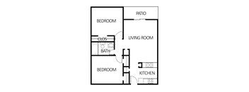 A floor plan of a small apartment with two bedrooms, a living room, a kitchen, a bath, and a patio.