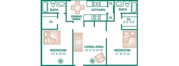 A diagram shows the layout of a living area, two bedrooms, a kitchen, and a dining area.