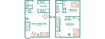 A floor plan of a small apartment with two bedrooms and a living dining area.