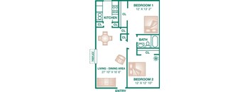 A floor plan of a small apartment with two bedrooms and a living/dining area.