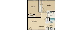 A floor plan of a house with two bedrooms, a living room, a dining room, a kitchen, a bathroom, and two closets.