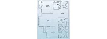 A floor plan of a house with a living room, kitchen, two bedrooms, and a bathroom.
