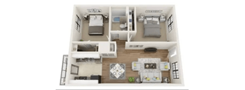 A 3D floor plan of a house with two bedrooms, a living room, a kitchen, and a bathroom.