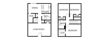 A floor plan of a house with a living room, dining room, kitchen, and bedrooms.
