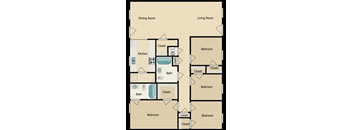 A floor plan of a house with a kitchen, dining room, living room, and four bedrooms.