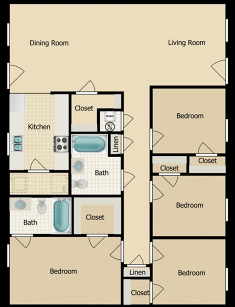 A floor plan of a house with a kitchen, dining room, living room, and four bedrooms.