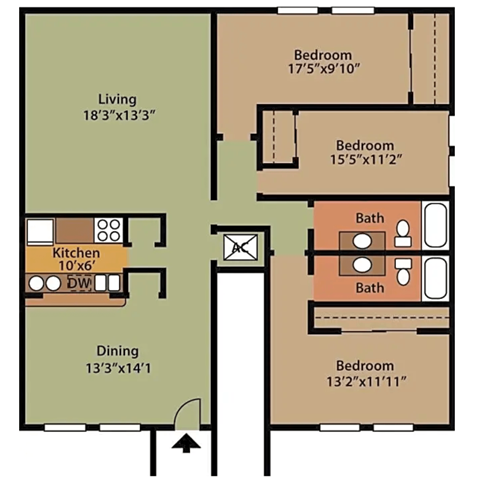 A floor plan of a house with a living room, two bedrooms, a dining room, a kitchen, and two bathrooms.