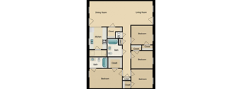 A floor plan of a house with a kitchen, dining room, living room, and four bedrooms.