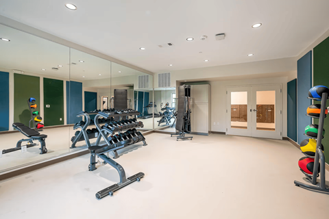A gym with a mirrored wall and a variety of equipment.