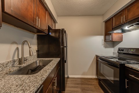 A kitchen with a black refrigerator and a black oven.