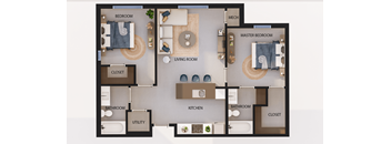 A floor plan of a house with a master bedroom, living room, kitchen, and bathrooms.