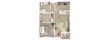 a 1 bedroom floorplan of a bedroom with a bathroom and a living room
