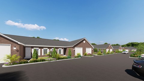 a rendering of a neighbourhood of houses with cars parked in the street
