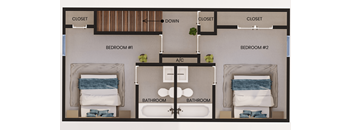 A diagram of a house layout with two bedrooms, two bathrooms, and closets.