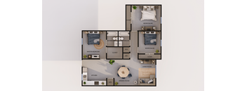 A floor plan of a house with a master bedroom, two bathrooms, a kitchen, a living room, and a dining room.