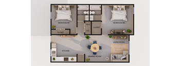 A floor plan of a two bedroom apartment with a kitchen and living room.