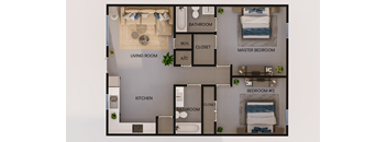 A floor plan of a house with a living room, kitchen, two bedrooms, bathroom, and a wardrobe.