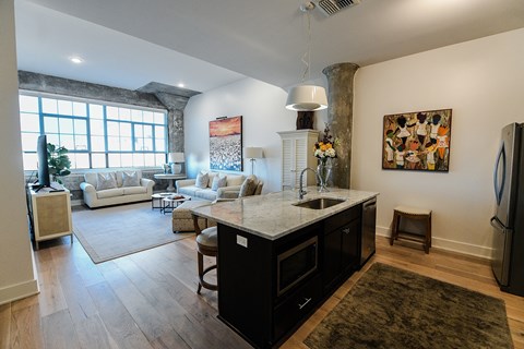 A kitchen with a black fridge and a white counter top.