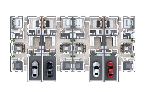 A top down view of a parking lot with cars parked in designated spaces.