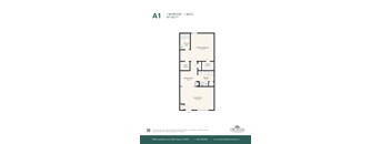 A drawing of a floor plan for a one bedroom, one bath apartment.