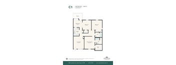 A floor plan for a 3 bedroom, 2 bathroom apartment.