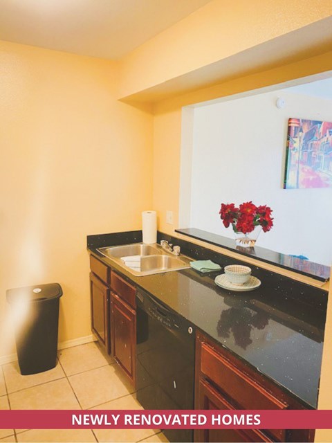 A newly renovated home kitchen with a black counter top.